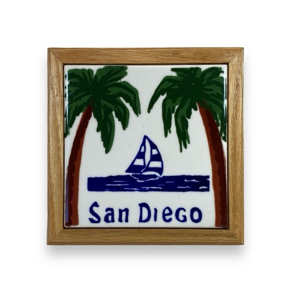 Other - Vintage Handpainted Ceramic & Oak  San Diego Trivet  Palm Trees & Sailbo…